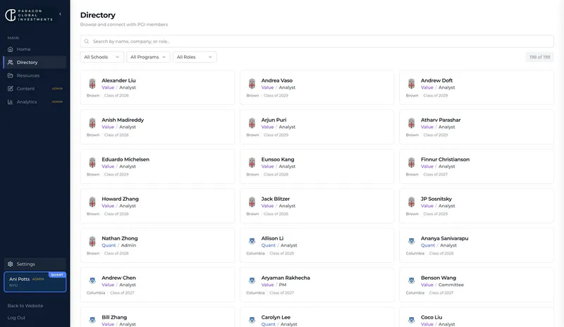 Paragon Global Investments member directory showing its intercollegiate research community.