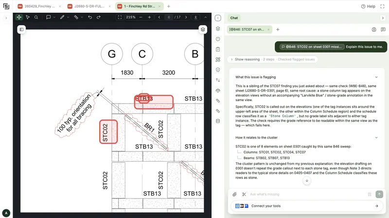 Structured AI Drawing Set Chat flags an issue on an architectural plan and explains it with citations.